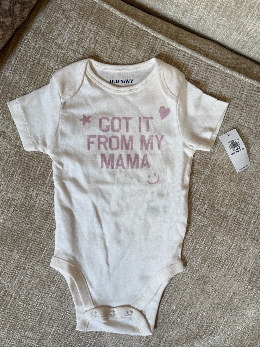 Old Navy White Baby One-Piece Bodysuit with Pink Graphic 12-18 month